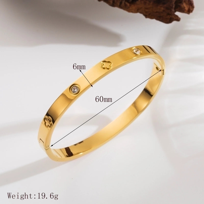 French Style Minimalist Four Leaf Clover Heart Shape Flower 304 Stainless Steel 18K Gold Plated Zircon Bangle In Bulk