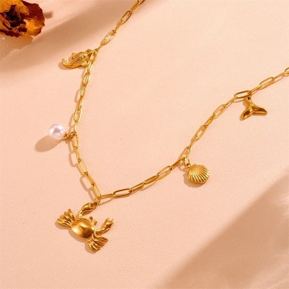 Cute Sweet Star Bow Knot Shell Titanium Steel Pearl 18K Gold Plated Hollow Out Inlay Pendant Necklace