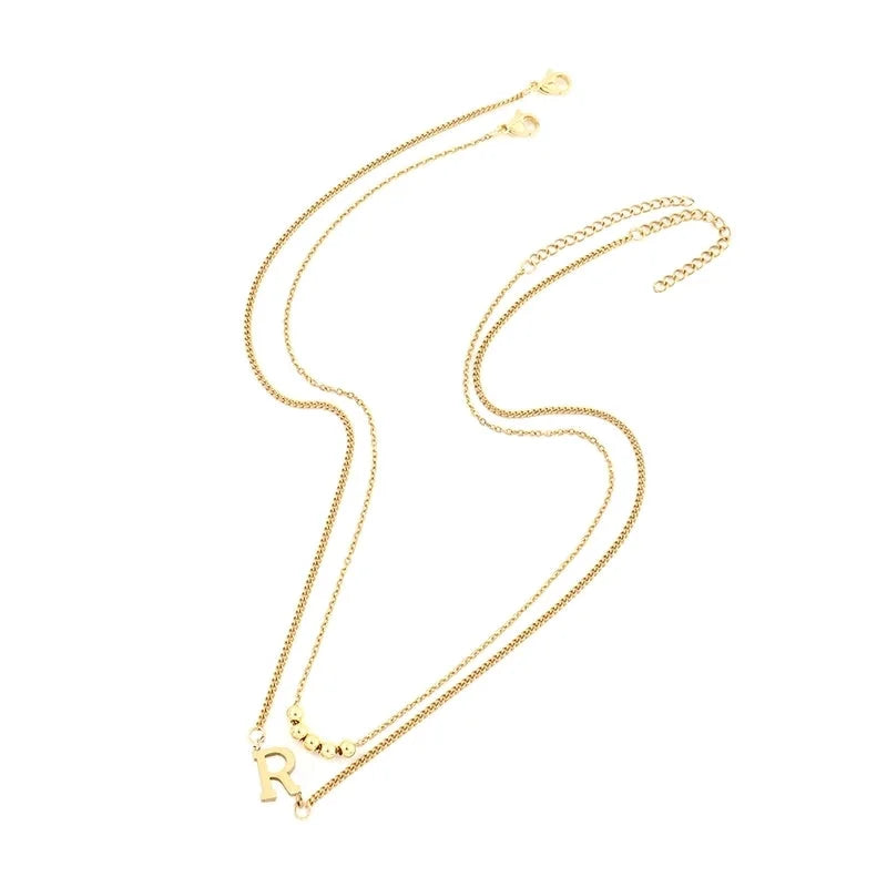 2 Pcs/set Gold Classic Fashion Initial Letter Copper Bead Stainless Steel Bracelet Women Necklace Suit