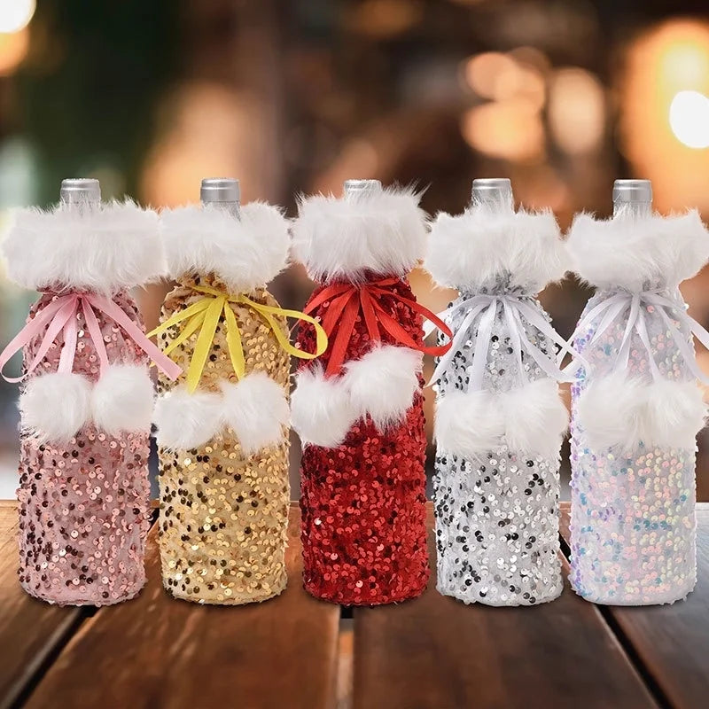 Cross-border New Arrival Christmas Decorations European And American Sequins Bottle Cover Plush Drawstring Wine Gift Box Hotel Dining Table Dress Up