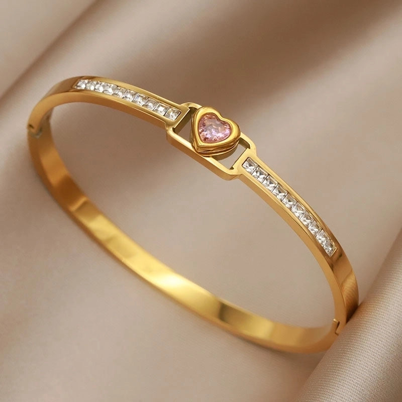 Elegant French Style Square Heart Shape Titanium Steel 18K Gold Plated Zircon Bangle In Bulk