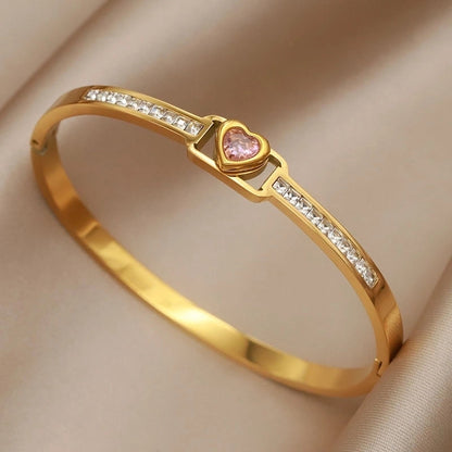 Elegant French Style Square Heart Shape Titanium Steel 18K Gold Plated Zircon Bangle In Bulk