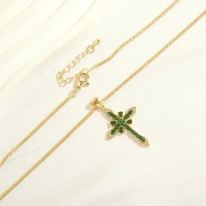 Minimalist Cross Copper 18k Gold Plated Zircon Pendant Necklace In Bulk