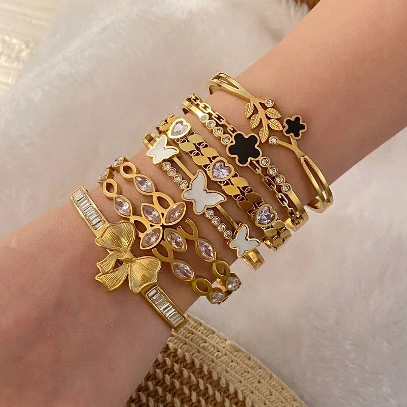 Minimalist Leaves Flower Bow Knot 304 Stainless Steel 18K Gold Plated Zircon Bangle In Bulk