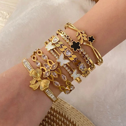 Minimalist Leaves Flower Bow Knot 304 Stainless Steel 18K Gold Plated Zircon Bangle In Bulk