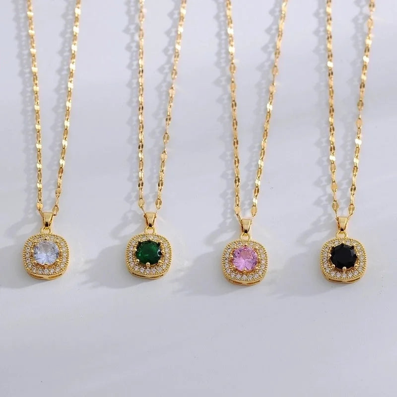 Copper 18K Gold Plated Minimalist Shiny Inlay Square Zircon Rings Earrings Necklace