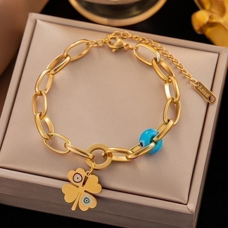 Fashion Four Leaf Clover Eye Elephant Titanium Steel Plating 18k Gold Plated Bracelets
