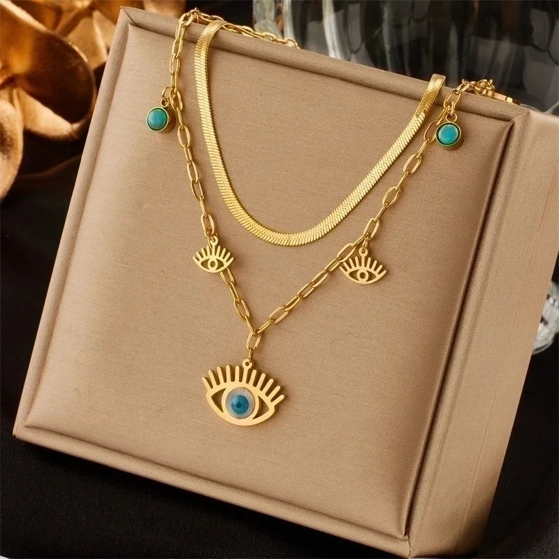 Fashion Sun Eye Titanium Steel Plating Inlay Turquoise Layered Necklaces