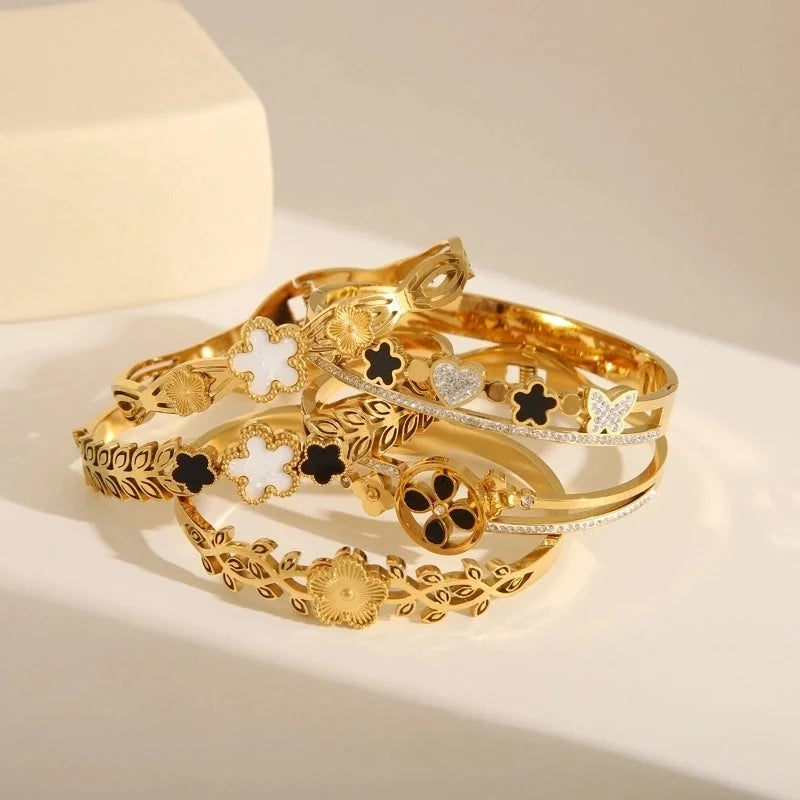 French Style Classic Style Commute Solid Color Flower 304 Stainless Steel 18K Gold Plated Zircon Bangle In Bulk