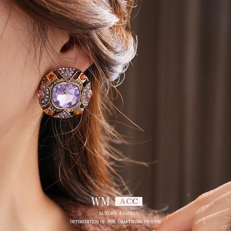 Medieval Quadrilateral Round Geometric Alloy Diamond Inlay Earrings