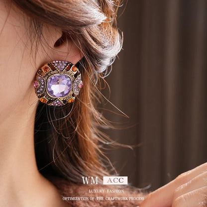 Medieval Quadrilateral Round Geometric Alloy Diamond Inlay Earrings