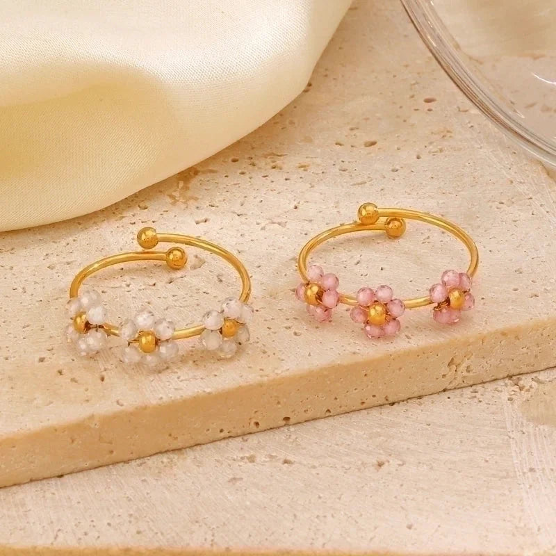 IG Style Sweet Flower 304 Stainless Steel 18K Gold Plated Beaded Knitting Open Rings