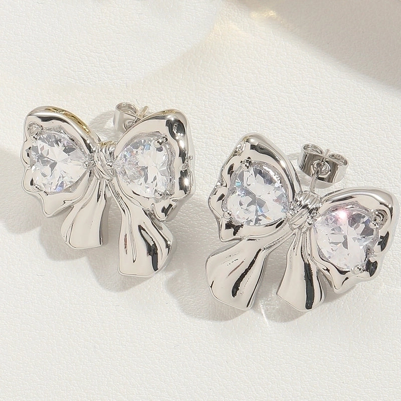 1 Pair Vintage Style Minimalist Commute Bow Knot Plating Inlay Copper Zircon 14K Gold Plated Ear Studs
