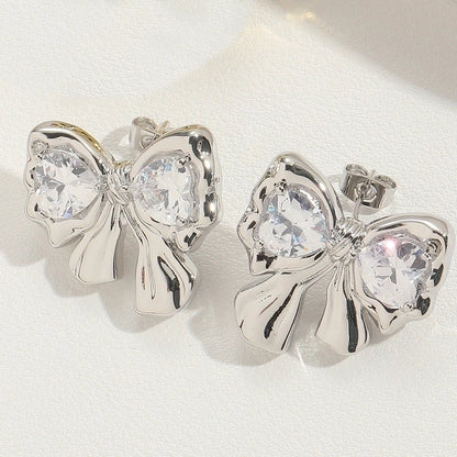 1 Pair Vintage Style Minimalist Commute Bow Knot Plating Inlay Copper Zircon 14K Gold Plated Ear Studs