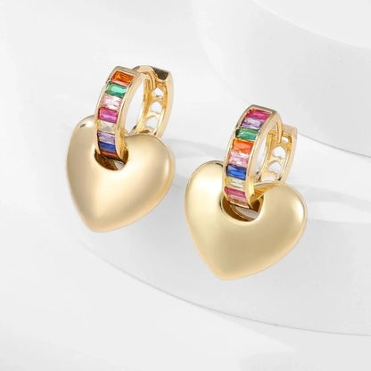 1 Pair Glam Shiny Heart Shape Copper Zircon K Gold Plated Drop Earrings