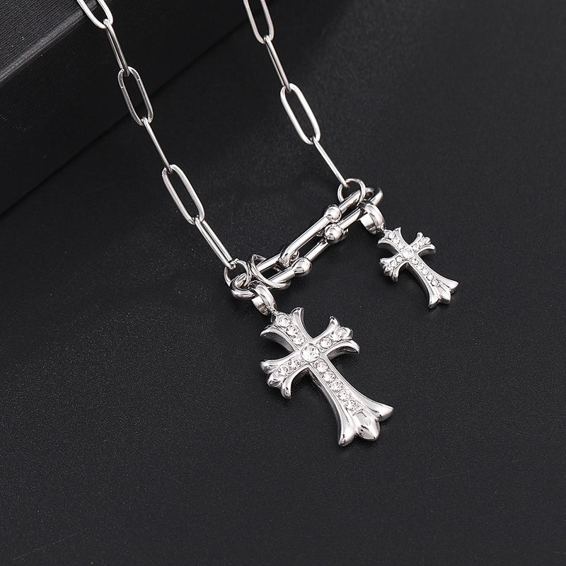 Classic Style Cross 304 Stainless Steel Rhinestones 18K Gold Plated Chain Pendant Necklace