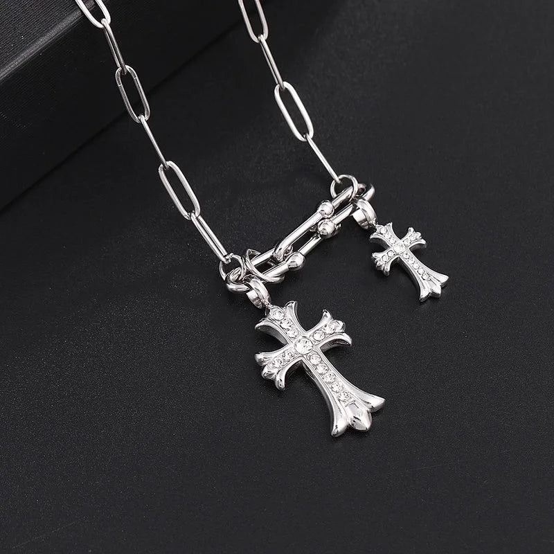 Classic Style Cross 304 Stainless Steel Rhinestones 18K Gold Plated Chain Pendant Necklace