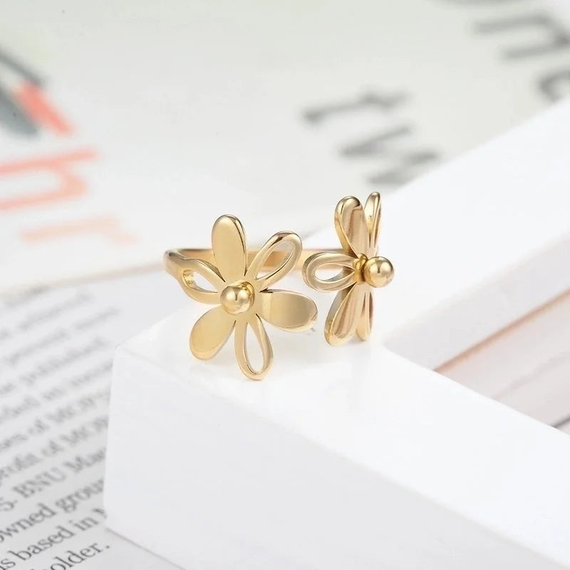 Fashion Flower 304 Stainless Steel 18K Gold Plated Plating Open Ring