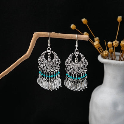 Bohemian Blue Turquoise National Style Earrings Imitation Miao Silver Metal Earrings Vintage Tassel Earrings