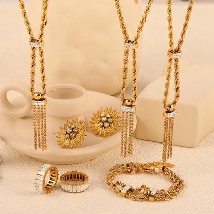 Titanium Steel 18K Gold Plated Lady Minimalist Classic Style Plating Inlay Twist Rhinestones Zircon Jewelry Set