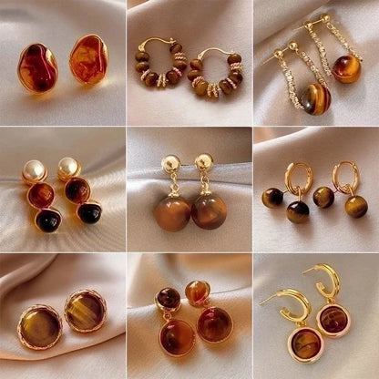 1 Pair Elegant Minimalist Geometric Plating Tiger Eye Drop Earrings Ear Studs