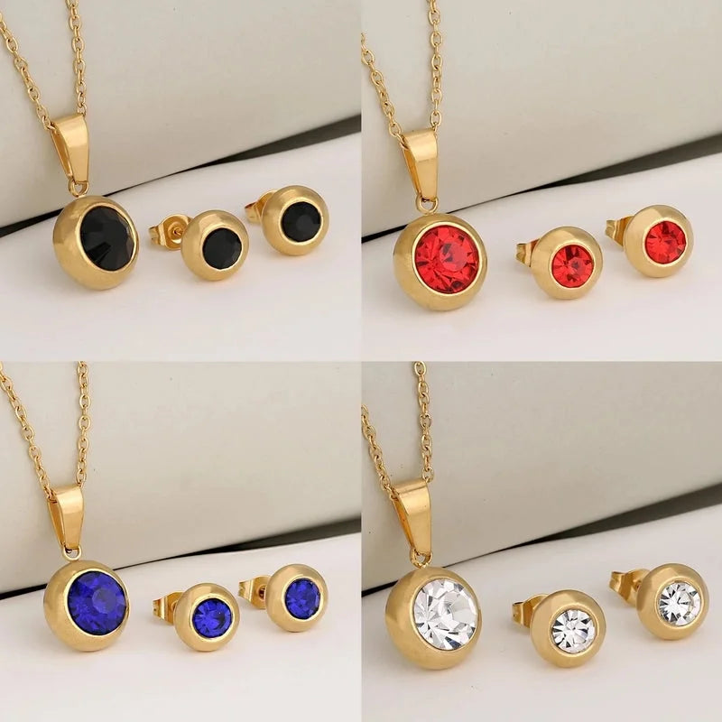 Luxurious Classic Style Shiny Round 304 Stainless Steel Crystal Zirconium 18K Gold Plated Plating Jewelry Set