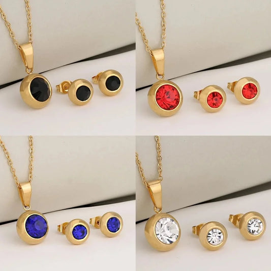 Luxurious Classic Style Shiny Round 304 Stainless Steel Crystal Zirconium 18K Gold Plated Plating Jewelry Set