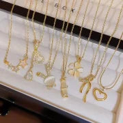 Elegant Classic Style Geometric Moon Bow Knot Titanium Steel Zircon Pendant Necklace