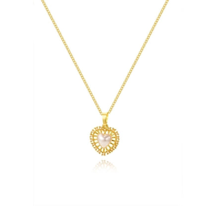Ig Style Heart Shape Copper Plating Inlay Artificial Pearls Zircon 18k Gold Plated Pendant Necklace