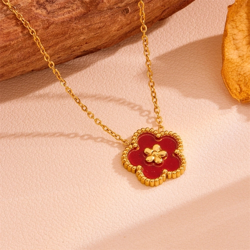 Sweet Minimalist Flower Titanium Steel Artificial Gemstones Turquoise Shell Inlay Jewelry Set