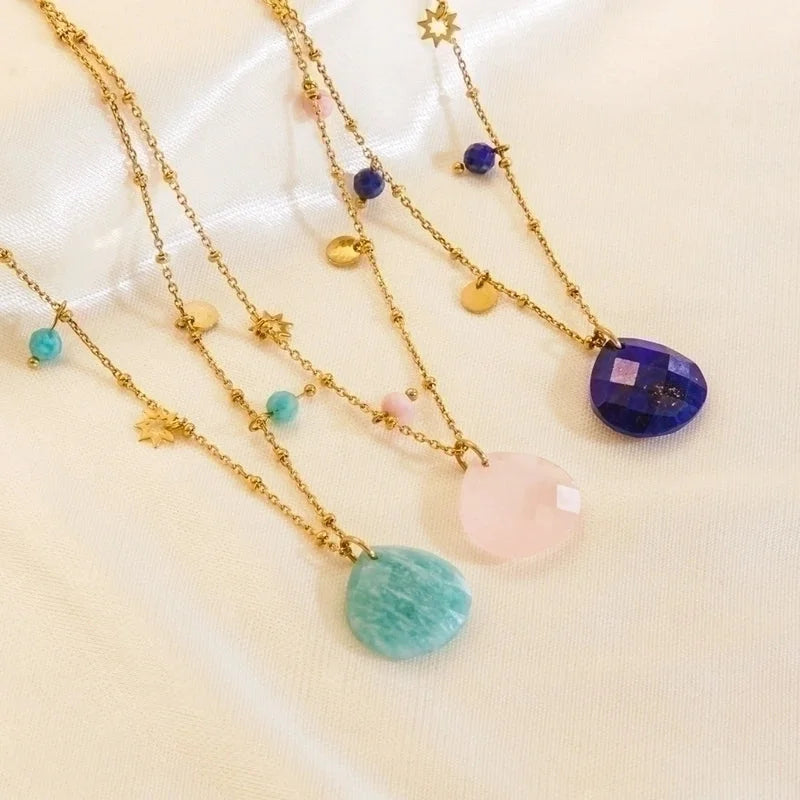 3 Pieces 304 Stainless Steel Natural Stone 14K Gold Plated Modern Style Plating Geometric Pendant Necklace