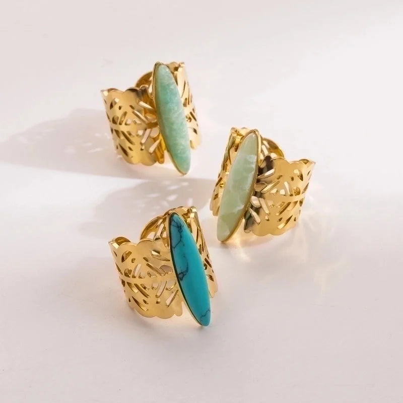 2 Pieces Vintage Style Minimalist Oval 304 Stainless Steel Natural Stone 14K Gold Plated Inlay Open Rings