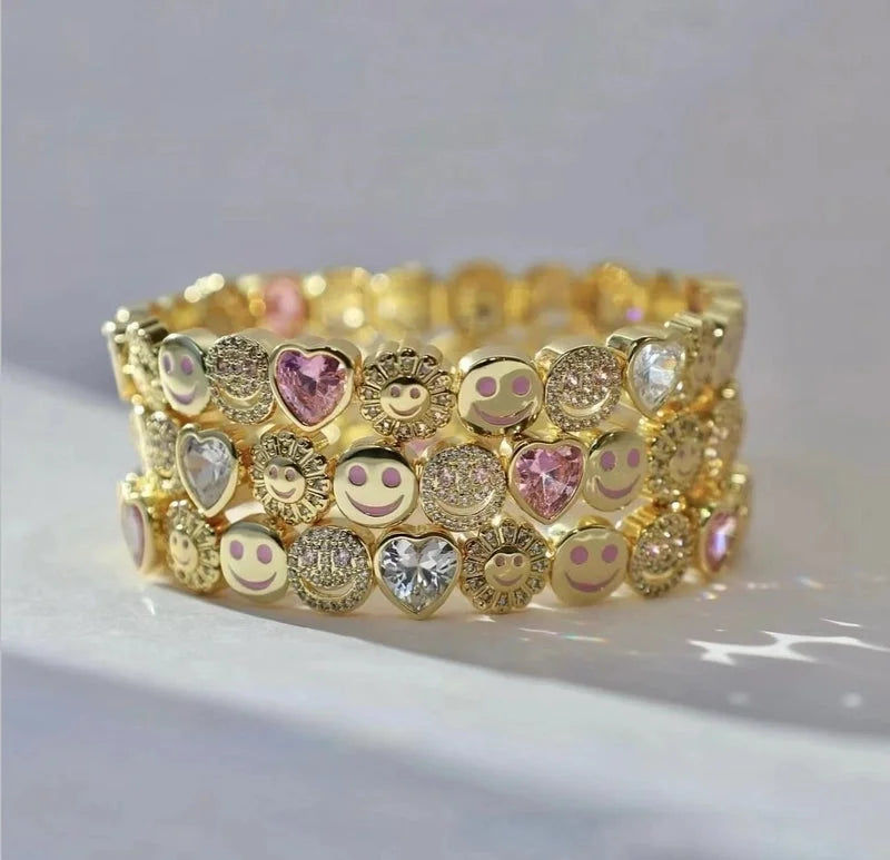 Alloy Inlay Smile Face Heart Shape Flower Artificial Diamond Copper Bracelets