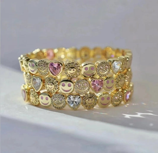 Alloy Inlay Smile Face Heart Shape Flower Artificial Diamond Copper Bracelets