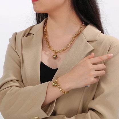 Minimalist Heart Shape 304 Stainless Steel 18K Gold Plated Bracelets Necklace