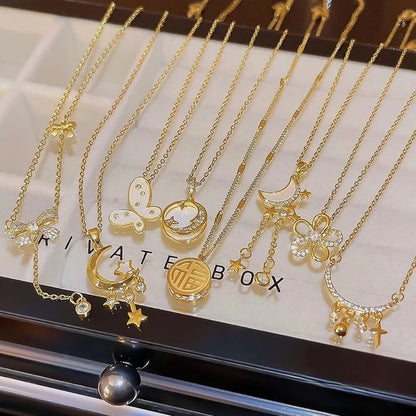 Elegant Classic Style Geometric Moon Bow Knot Titanium Steel Zircon Pendant Necklace