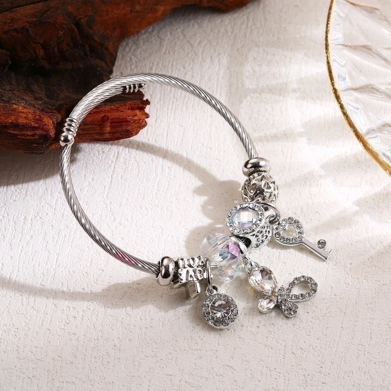Elegant Cute Round Butterfly Key 304 Stainless Steel Alloy Rhinestones Bangle In Bulk