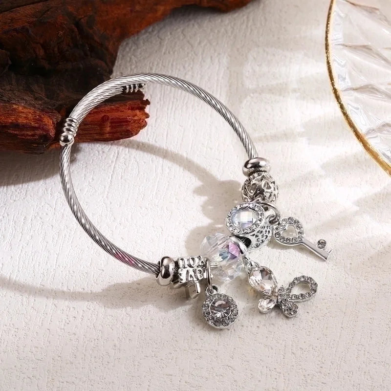 Elegant Cute Round Butterfly Key 304 Stainless Steel Alloy Rhinestones Bangle In Bulk