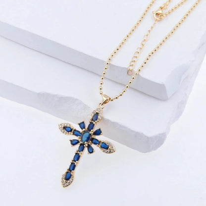 Copper 18K Gold Plated Plating Cross Zircon Pendant Necklace