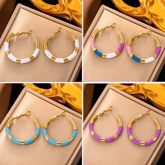 1 Pair Elegant Round Enamel Plating 304 Stainless Steel 18K Gold Plated Hoop Earrings
