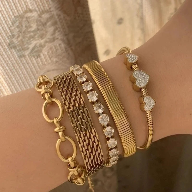 3 Pieces Casual Geometric Heart Shape 304 Stainless Steel 16K Gold Plated White Gold Plated Gold Plated Zircon Bracelets In Bulk