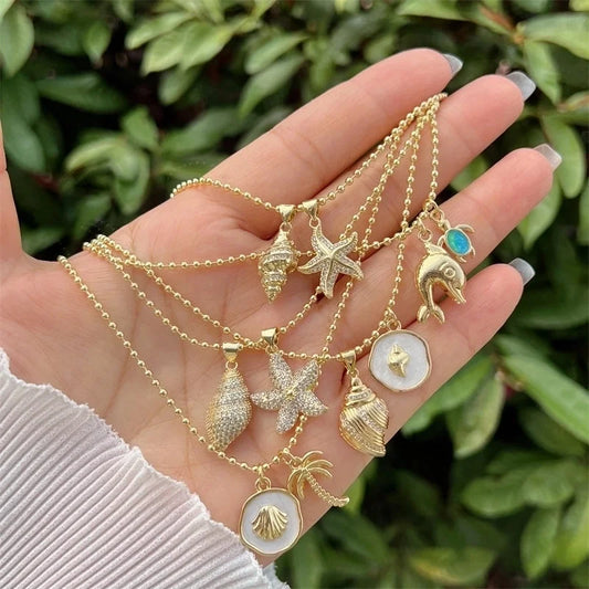 Copper Ball Chain 18K Gold Plated Inlay Scallop Conch Zircon Pendant Necklace