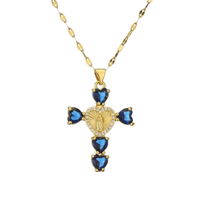 Minimalist Commute Human Cross Heart Shape Titanium Steel Copper Zircon Plating Inlay Pendant Necklace