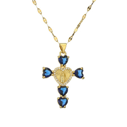 Minimalist Commute Human Cross Heart Shape Titanium Steel Copper Zircon Plating Inlay Pendant Necklace