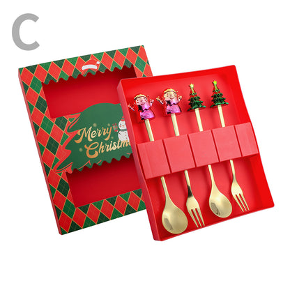 J Christmas Spoon Set Cartoon Colorful Santa Claus Christmas Tree Spoon Fork Coffee Dessert Spoon Gift Box