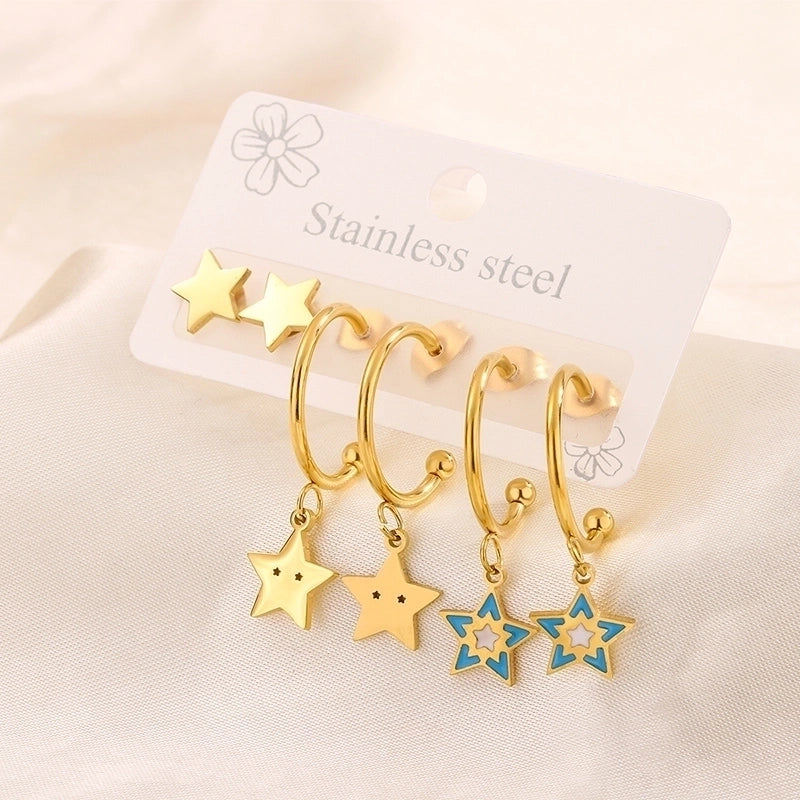 3 Pairs Minimalist Heart Shape Flower Enamel 304 Stainless Steel 18K Gold Plated Drop Earrings Ear Studs
