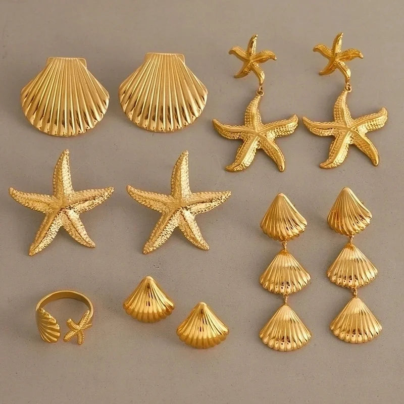Casual Beach Classic Style Starfish Shell 304 Stainless Steel 18K Gold Plated Rings Earrings