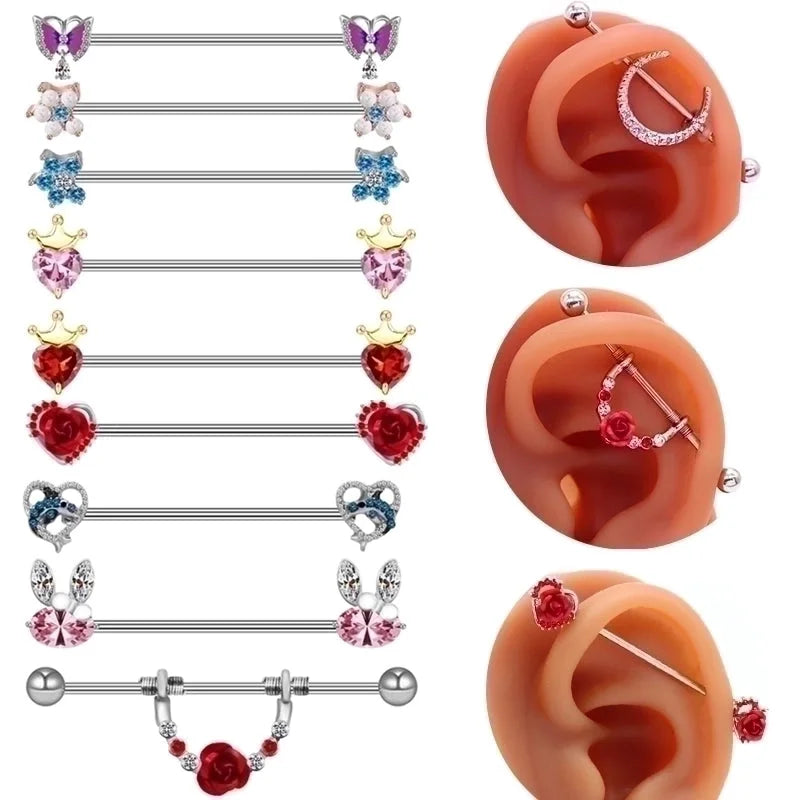 1 Piece Ear Cartilage Rings & Studs Fashion Heart Shape Rose Butterfly 316L Stainless Steel Alloy Copper Plating Inlay Rhinestones Glass White Gold Plated Gold Plated