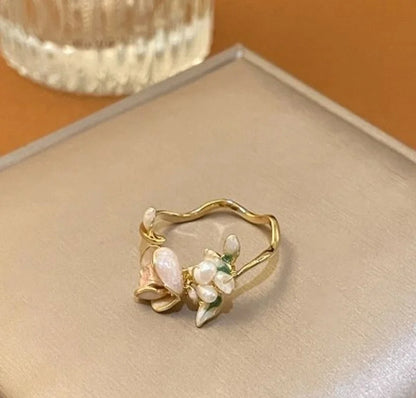 Sweet Flower Metal Plating Inlay Pearl Zircon Gold Plated Women\'s Open Ring