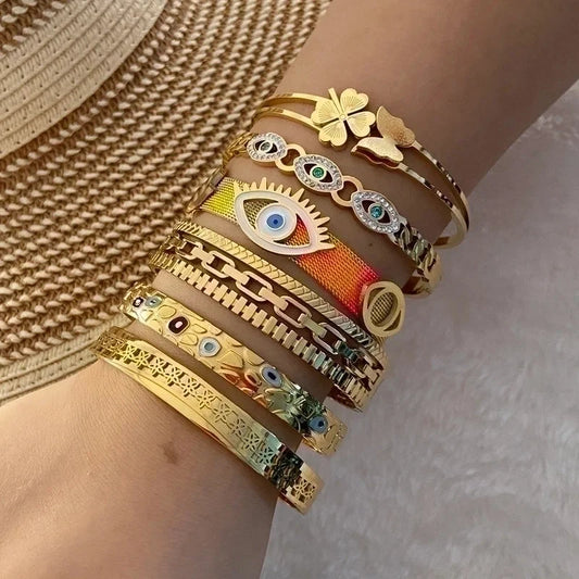 Vintage Style Luxurious Devil'S Eye Stainless Steel 18K Gold Plated Bangle In Bulk